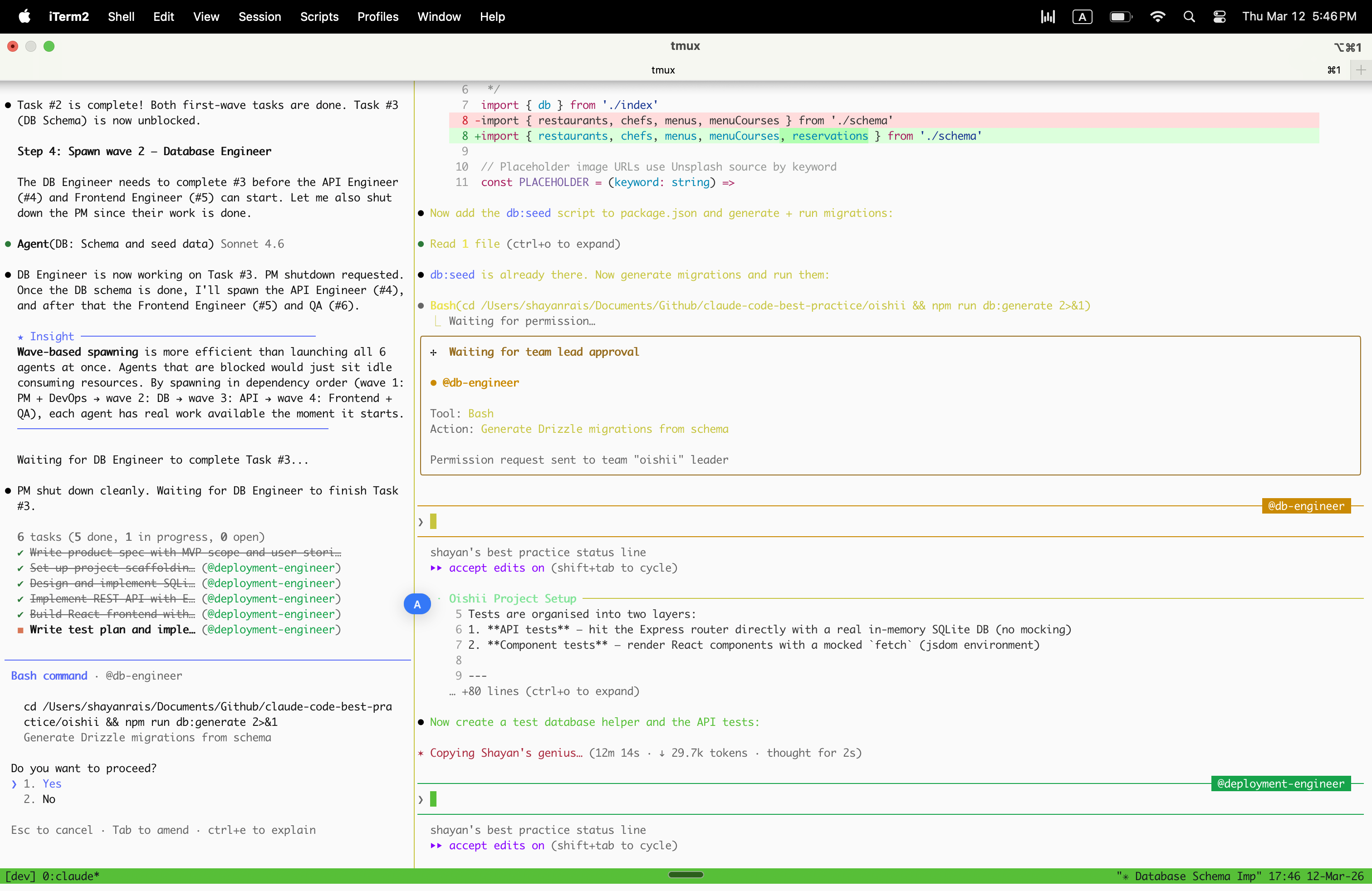 Agent Teams in action — split pane mode with tmux