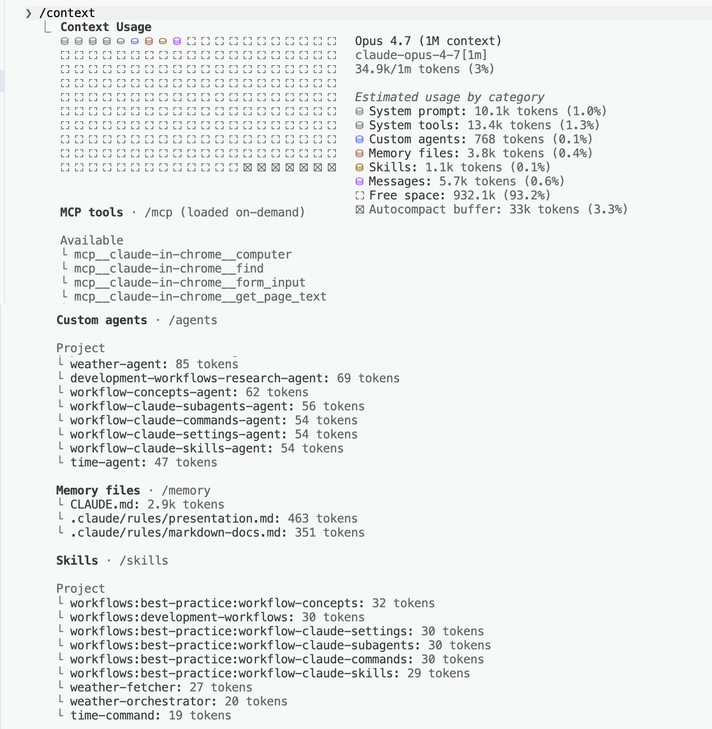 Diagram showing what loads into Claude's context window at session start — system prompt, CLAUDE.md, skill descriptions, agent descriptions, MCP tools